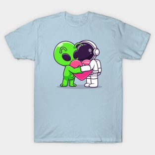 Cute Astronaut And Alien Hug Love Heart Cartoon T-Shirt